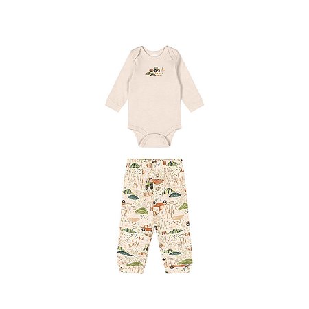 Conjunto Body Manga Longa e Calça em Suedine Estampado