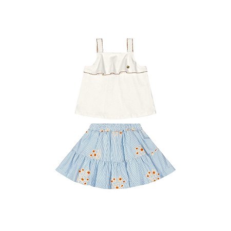 Conjunto Blusa e Saia com Flores Off White