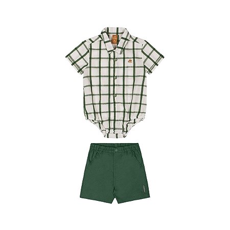 Conjunto Body Camisa Xadrez e Bermuda Verde Escuro
