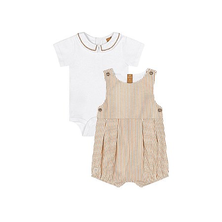 Conjunto Body Suedine e Macaquinho Listrado Marrom