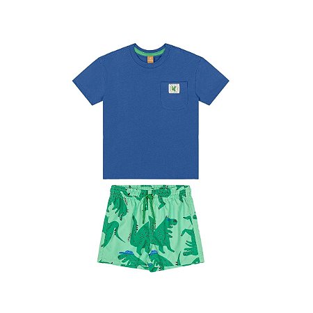 Conjunto Camiseta e Short Microfibra Dinossauros Azul