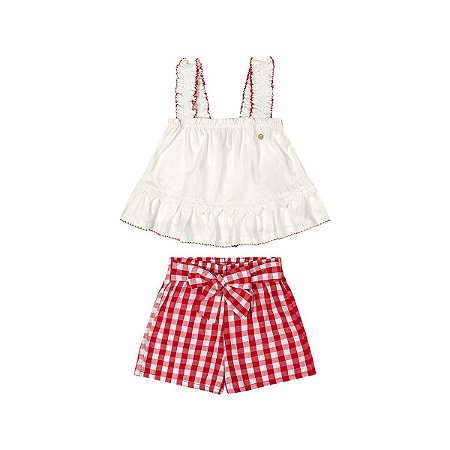 Conjunto Blusa Meia Malha e Short Tecido Vichy