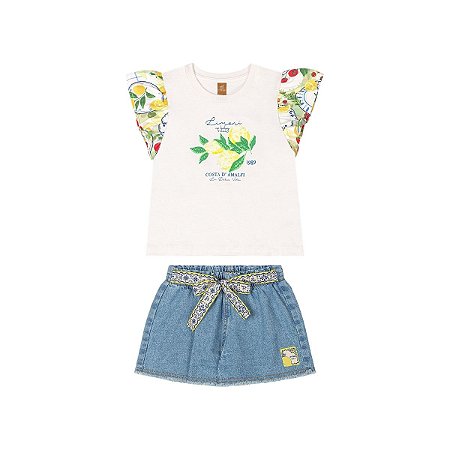 Conjunto Blusa e Short Jeans Estampa Limões Off White