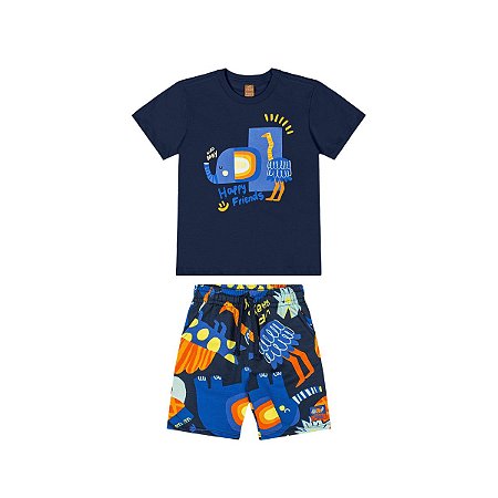 Conjunto Camiseta Malha e Bermuda Moletom Azul Escuro
