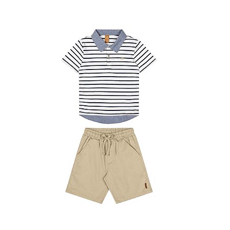Conjunto Camisa Polo em Suedine e Bermuda Sarja Branco
