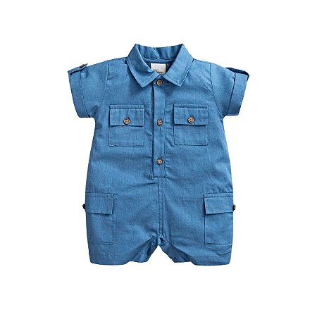 Macacão Curto em Tricoline com Bolsos Azul
