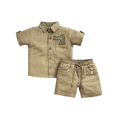 Conjunto Camisa Manga Curta Listrada e Bermuda Sarjinha Verde