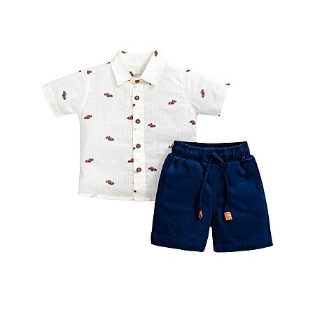 Conjunto Camisa Manga Curta Estampa Carrinhos e Bermuda Sarja