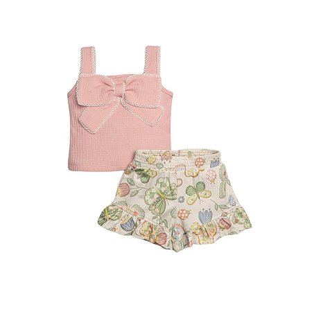 Conjunto Blusa Alças com Laço e Short Estampado Cotton