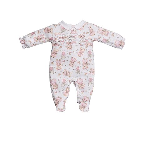 Macacão Longo em Suedine Menina com Gola e Estampa de Ursinhas