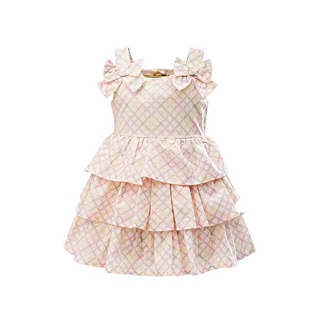 Vestido em Tricoline Flamê Xadrez com Laços Off White