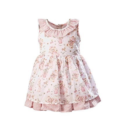 Vestido em Voil Estampa Ursinhas com Babado Xadrez Rosê