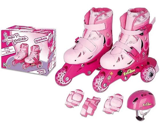 PATINS TRI LINE ROSA 30/33 AJUSTAVEL COM ACESSORIOS - FENIX BRINQUEDOS