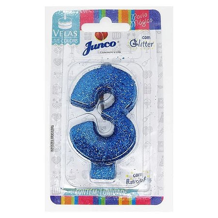 Vela Aniversario Live Colors com Glitter Azul N. 3 - Junco