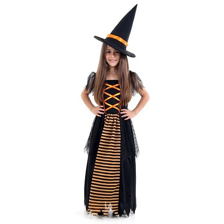 Fantasia Bruxa Laranja Luxo com Chapeu GG - Sulamericana Fantasias