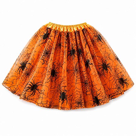 Saia de Tule Laranja com Aranhas 40cm - Partiu Festa