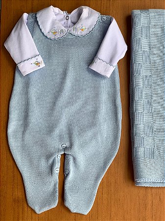 Saída maternidade masculina azul bebê macacão sem manga - 2 peças
