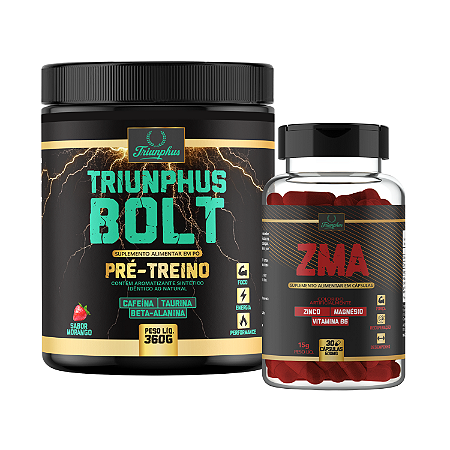 Kit com 1 Pré Treino Triunphus Bolt 360g + 1 Pós Treino ZMA 500mg 30 capsulas Triunphus