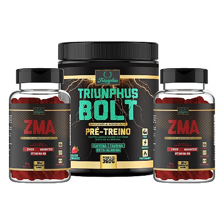 Kit com 1 Pré Treino Triunphus Bolt 360g + 2 Pós Treino ZMA 500mg 30 capsulas Triunphus