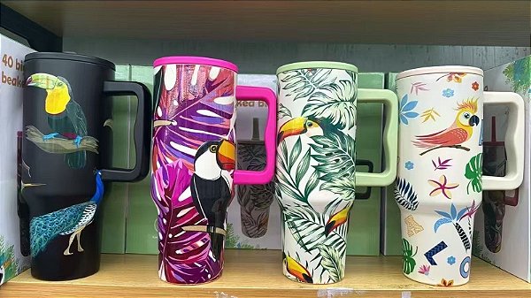 Copo Térmico de 1200ml com Alça e Canudo - Estampas de Aves Tropicais