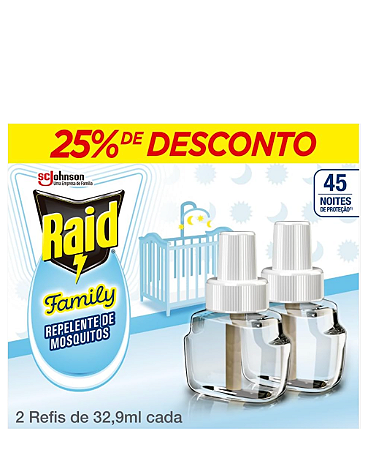 Repelente Elétrico Raid Family, 45 Noites, 2 Refis de 32,9ml