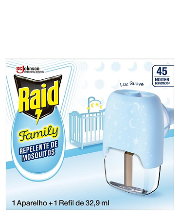 Repelente Eletrico Raid Family, 45 Noites, 1 Aparelho e 1 Refil de 32,9ml