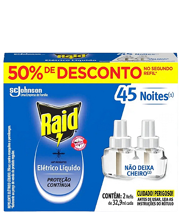 Repelente Elétrico Raid Líquido, 45 Noites, 2 Refis de 32,9ml