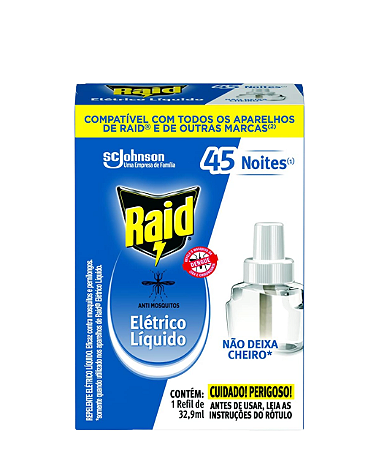 Repelente Elétrico Raid Líquido 45 Noites Refil De 32,9 Ml
