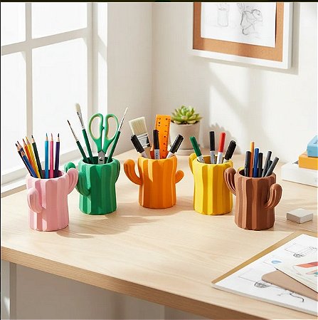 Porta Canetas Cacto Organizador Rosa 3D