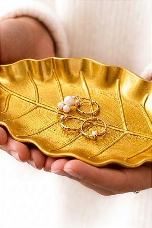 Bandeja Decorativa Folha Dourada Porta Joias Decoração Sala Quarto