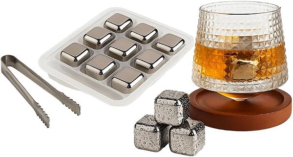 Kit Whisky Luxo com Copo Giratório + 8 Cubos de Gelo Inox Reutilizáveis + Pegador