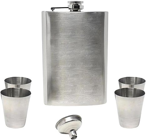 Kit Cantil Porta Bebida de Bolso Inox 224ml com 4 Copos e Funil