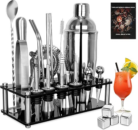 Kit de Coquetel Profissional com 26 Peças + Coqueteleira de 750ml + Suporte de acrílico