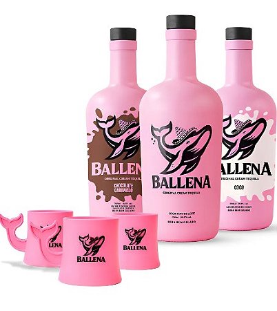 Kit Licor Ballena Morango, Coco e Chocolate com Tequila 3x750ml + Copo