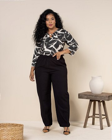 BLUSA VISCOLYCRA ESTAMPADA Mg 3/4 COM AVIAMENTO DECOTE