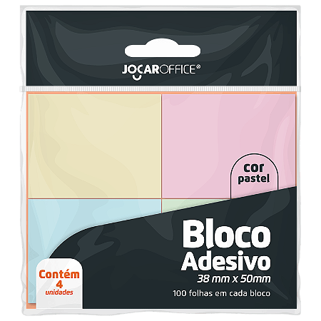 BLOCO ADESIVO COLORIDO PASTEL 38MMX50MM - OPPBAG C/ 4 BLOCOS 100F CADA - JOCAR OFFICE