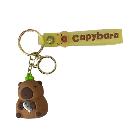 CHAVEIRO 3D - PERSONAGENS - CAPIVARA SEGURANDO A BALEIA E COM CHAPEU VERDE