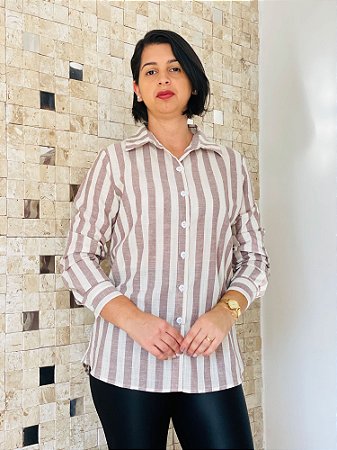 Camisa Feminina Casual Listrada Manga Longa