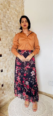 Saia Midi Estampada em Tule