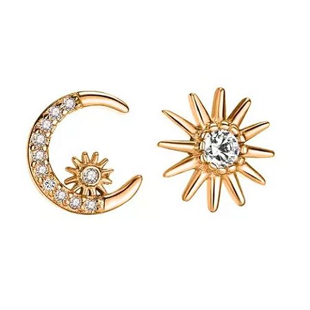 Brincos em Ouro 18k 750 Sol e Lua com Zircônia