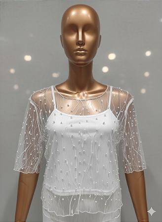 Blusa Tule com Pérolas Feminina Tam M