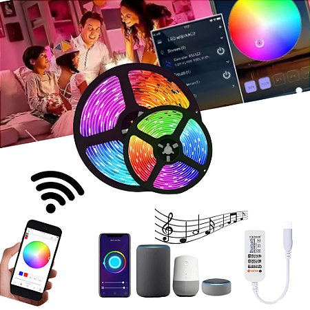 Fita LED Adesiva RGB Inteligente com Sensor de Som USB Bluetooth 5M