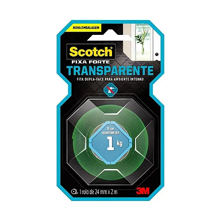 Fita Dupla Face Transparente 24mmx2m Scotch Fixa Forte 1KG - 3M