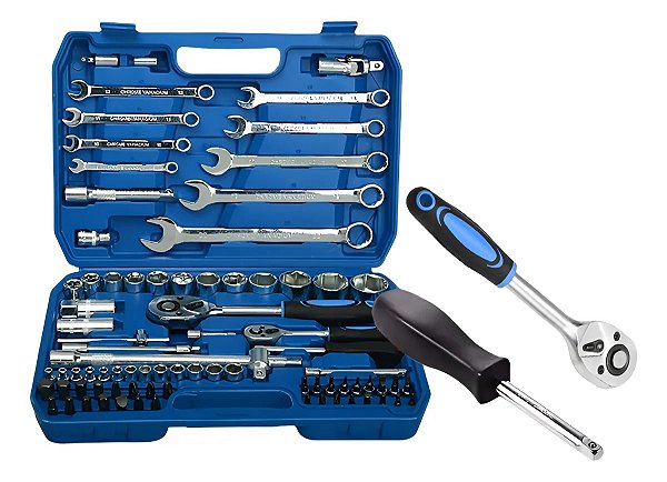 Kit de Ferramentas 82 Peças com Maleta – Soquetes, Chaves e Catracas 1/4" e 1/2"