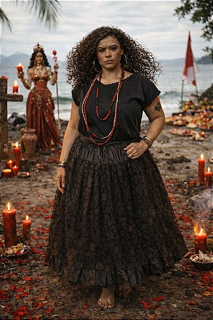 SAIA DE RENDA UMBANDA E CANDOMBLÉ 3M DE RODA TAMANHO:ÚNICO;COR:PRETO