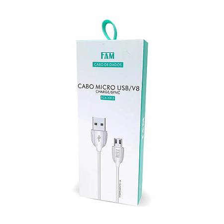 Cabo USB FAM 100cm 2.1A Micro USB Branco V8 - 1M