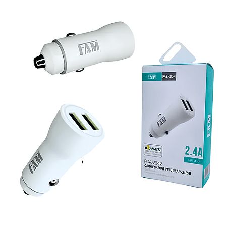 CARREGADOR VEICULAR FAM 2 PORTAS USB 2.4A BRANCO