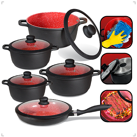 5 Panelas Pretas Indução Cerâmica Marmorizado Antiaderente Tampa de Vidro