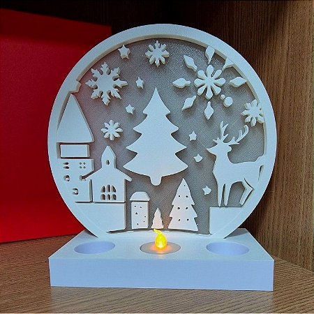 Enfeite de Natal  com encaixe para- 3 Velas Artificiais – Árvore, Rena e Neve