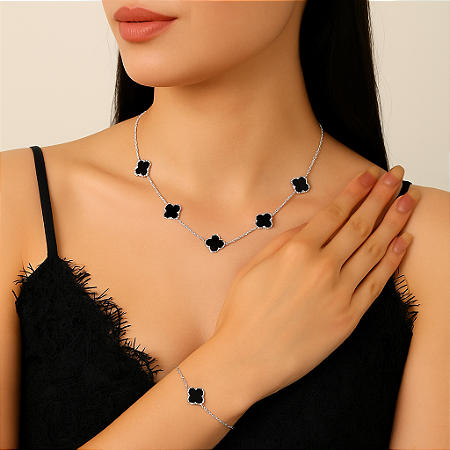 Colar 5 Trevos 11mm Ônix Elo Redondo com 50 cm Prata 925